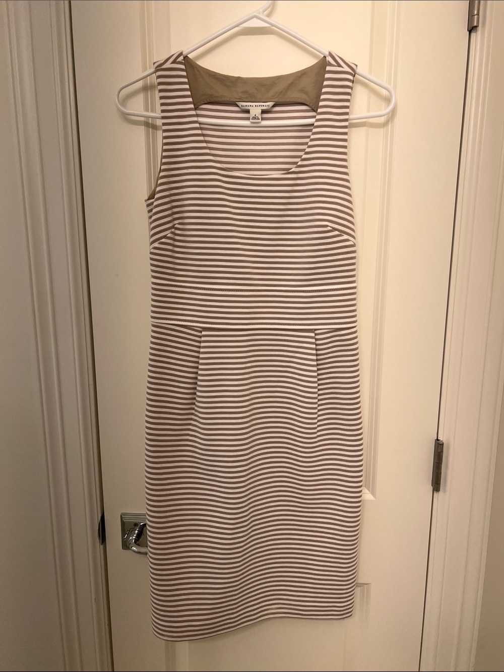 Banana Republic Taupe and White Striped Sleeveless Sheath Dress